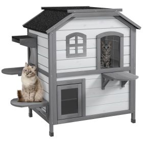 PawHut Outdoor 2-Story Cat House Feral Shelter Kitten Condo with Escape Door Asphalt Roof 4 Platforms White
