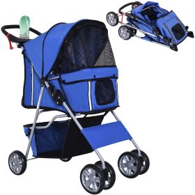 4 Wheel Dog Pet Stroller Dog Cat Carrier Folding Sunshade Canopy with Brake, Safety Leash, Cup Holder, Blue