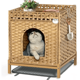 Cat Litter Box Enclosure, Cat Litter Box Enclosure Furniture with Cat Litter Mat, Handwoven Rattan Cat House with Metal Heightened Feet (Color: Natural)